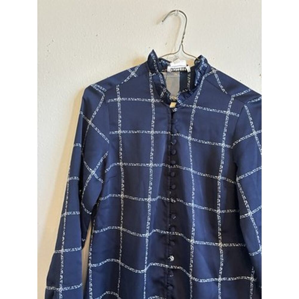 NWT Express Windowpane Button Blouse Victorian Asian Dark Academia Ruffle Neck S - Picture 14 of 16